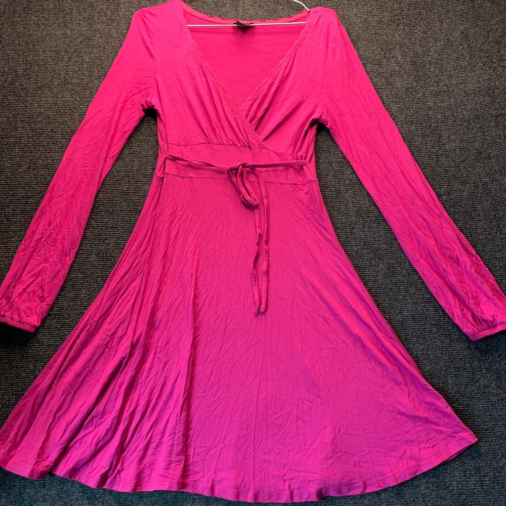 Guess Jeans Dress L Pink Long Sleeve Lace Trim V-Neck Y2K Barbiecore Babydoll